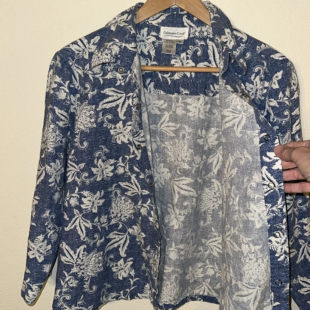 COLDWATER CREEK Linen Blend Floral Snap Front Shacket/Blouse Top Size M - Picture 4 of 7